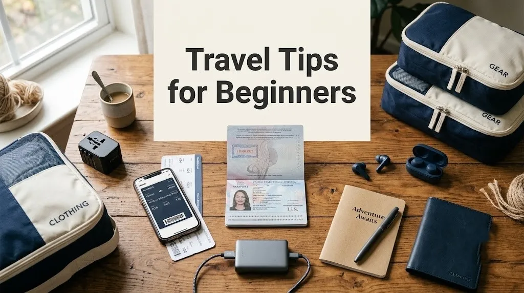 Overhead flat lay of passport, boarding pass, packing cubes, travel adapter, and phone for travel tips for beginners article.