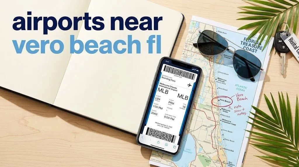 Overhead flat-lay of travel items with text reading airports near vero beach fl, including a phone with a boarding pass for Melbourne Orlando Airport.