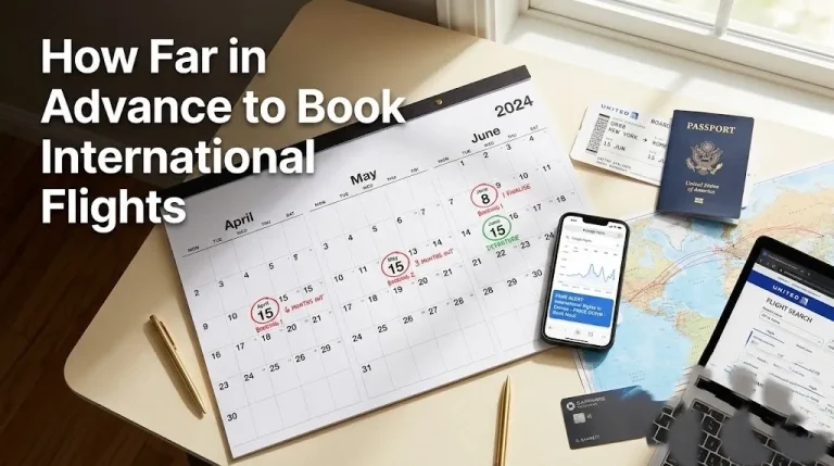 Overhead flat-lay of wall calendar with booking dates circled smartphone showing price alerts passport and laptop on cream desk surface.