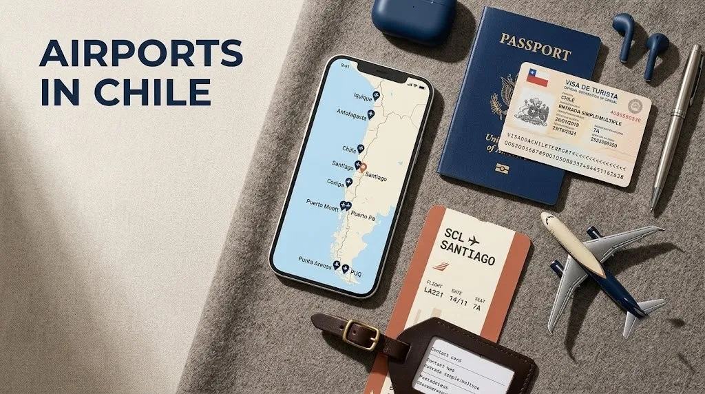 Overhead flat-lay photo of Chile travel planning items with a digital map highlighting airports in Chile on a smartphone screen.
