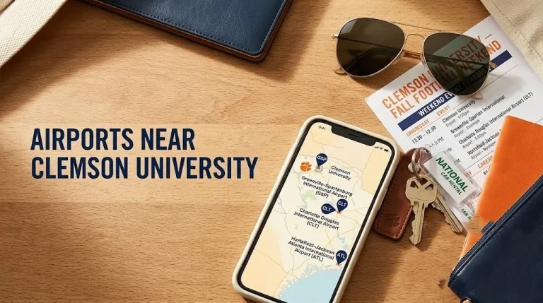 Overhead flat-lay photo of Clemson University travel planning items with a map showing GSP, CLT, and ATL airports near Clemson University.