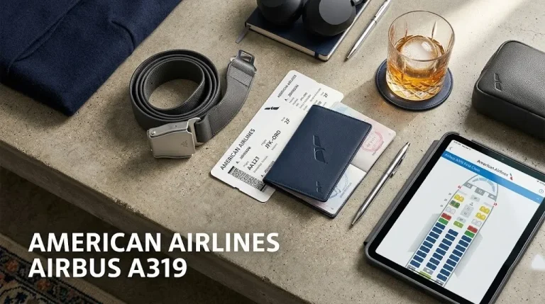 Overhead flat-lay photo of a first class travel scene with a tablet showing an American Airlines A319 seat map.