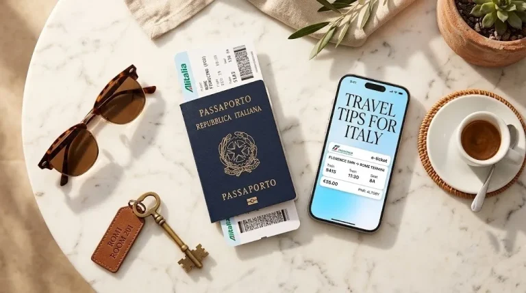 Overhead flat lay photo of an Italian passport, espresso, and a smartphone displaying the headline travel tips for italy on the screen.