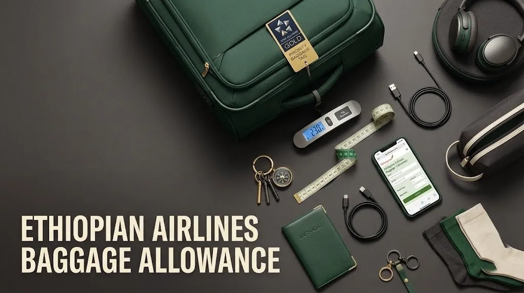 Overhead flat-lay photo of travel packing items with a luggage scale and smartphone showing the Ethiopian Airlines baggage allowance policy.