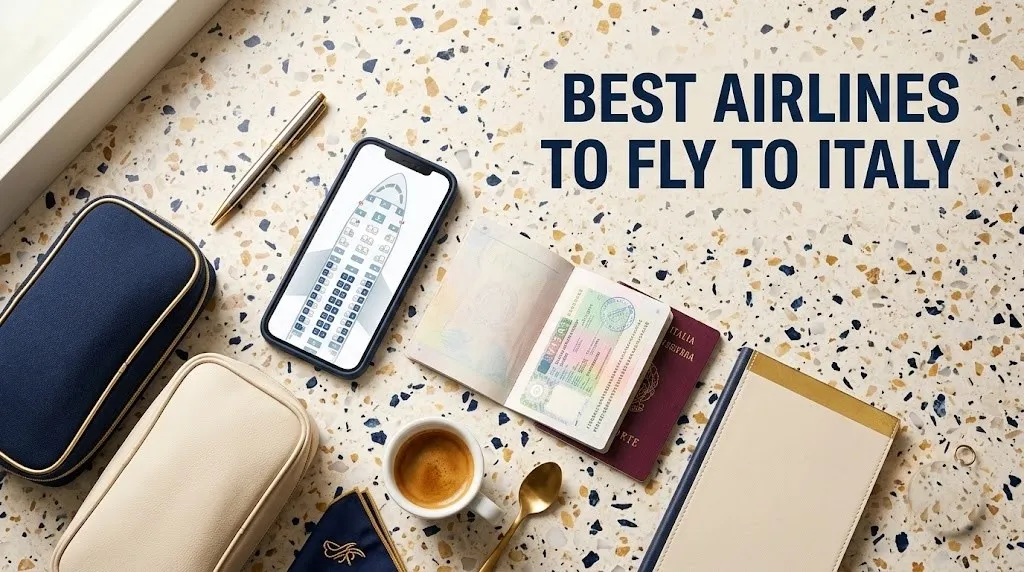 Overhead flat-lay photo of upscale Italy travel planning items with a smartphone seat map and amenity kits for the best airlines to fly to Italy.