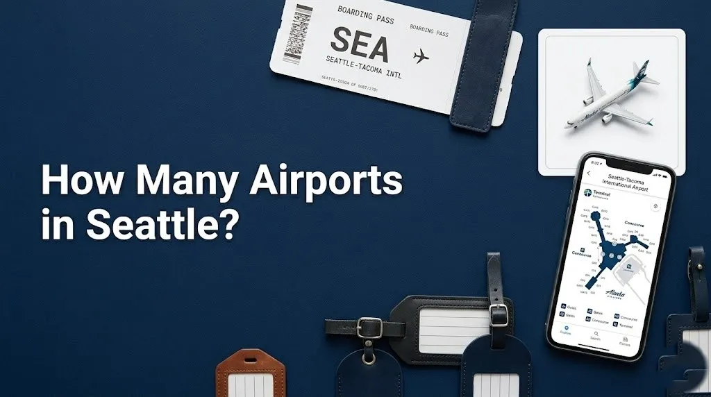 Overhead flat-lay photo with How Many Airports in Seattle headline text, boarding passes showing SEA airport code, and travel items on deep navy surface.