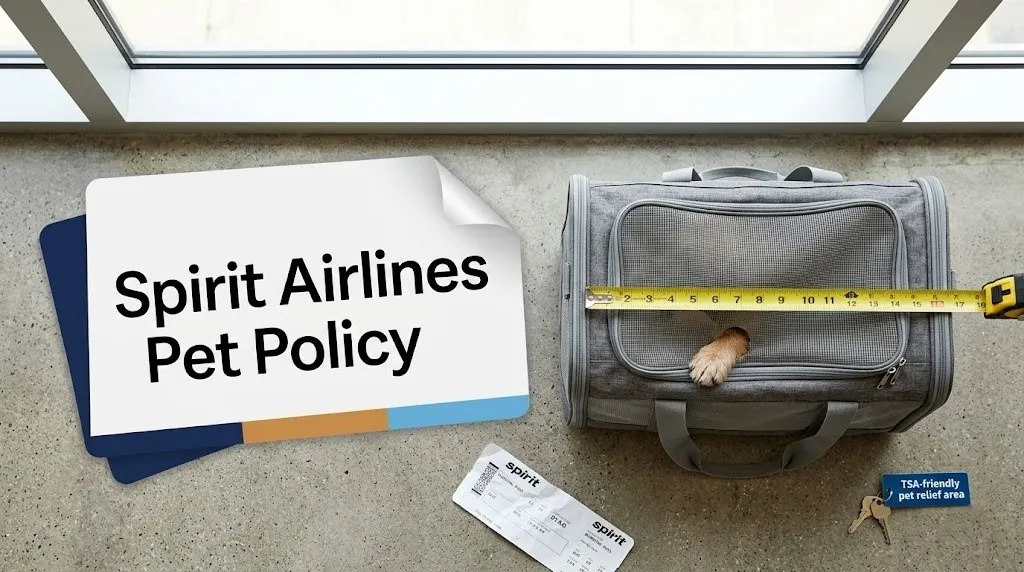 Overhead photo of a soft-sided pet carrier, measuring tape showing 18-inch limit, and a boarding pass with Spirit Airlines Pet Policy text visible.