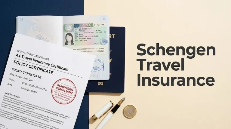 Overhead shot of a US passport with a Schengen visa and an insurance certificate titled Schengen Travel Insurance.