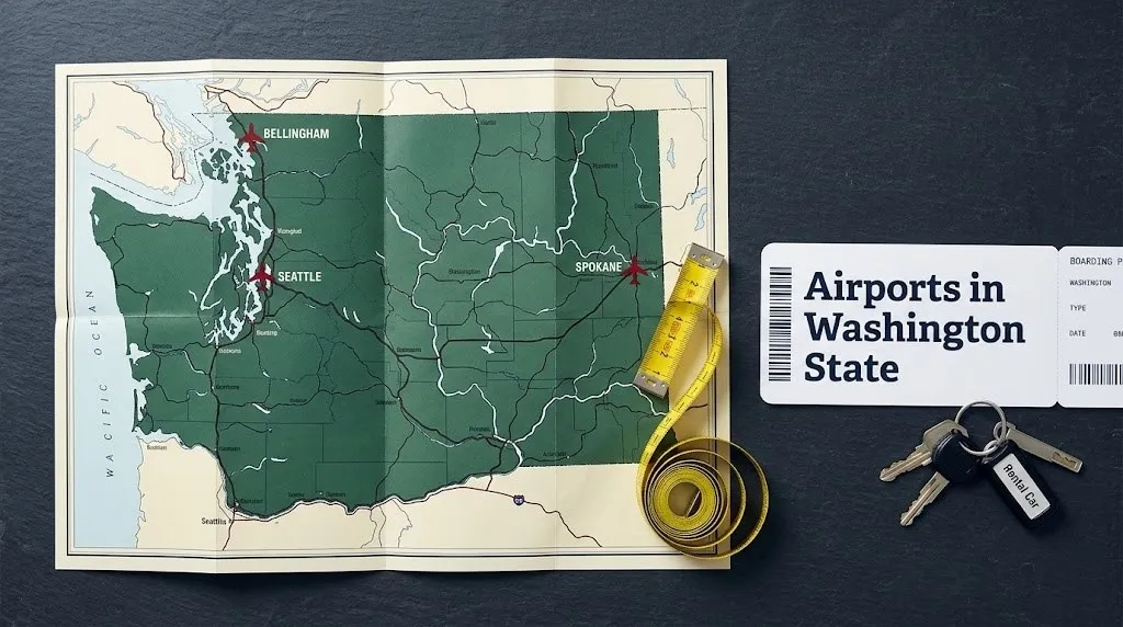 Overhead shot of a Washington state map marked with airplane icons and a boarding pass reading Airports in Washington State.