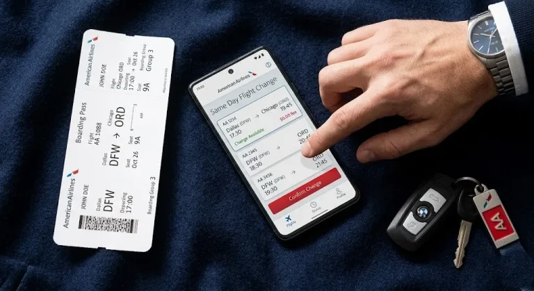 Overhead shot of a phone showing the American Airlines Same Day Flight Change app screen, a boarding pass, and car keys.