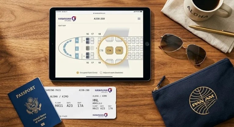 Overhead shot of a tablet showing a Hawaiian Airlines Airbus A330 seat map next to boarding pass, highlighting the best seat selection.