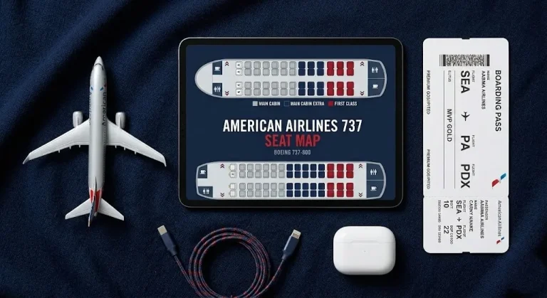 Overhead shot of a tablet showing an American Airlines 737 Seat Map next to a boarding pass and a model Boeing 737.