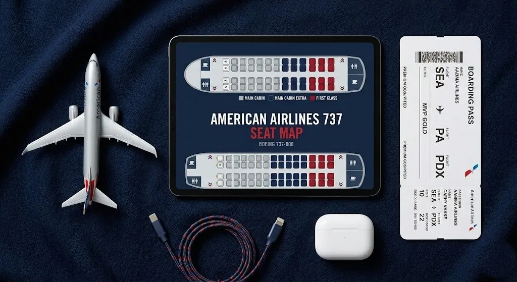 Overhead shot of a tablet showing an American Airlines 737 Seat Map next to a boarding pass and a model Boeing 737.