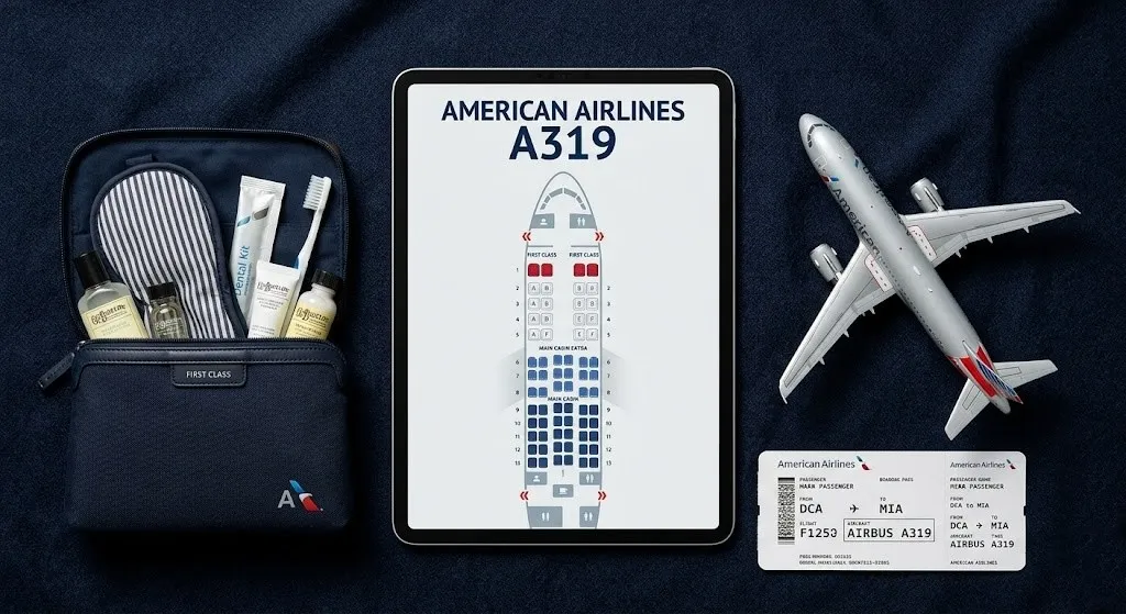 Overhead shot of a tablet showing an American Airlines A319 seat map next to a First Class kit and an aircraft model.