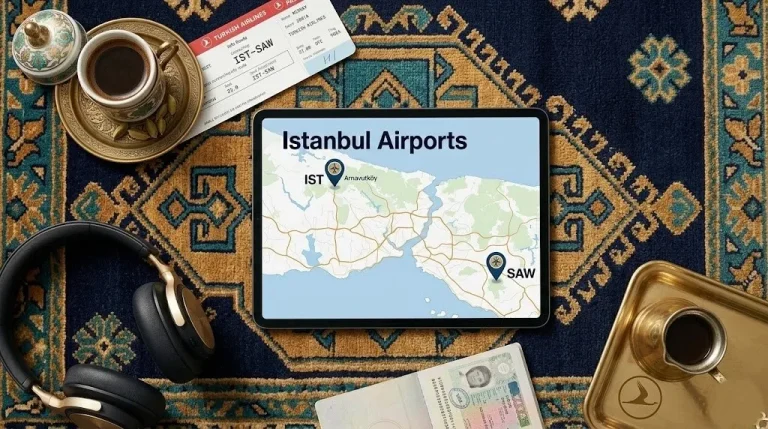 Overhead shot of a tablet showing an Istanbul Airports map with IST and SAW pins, beside a Turkish coffee cup and a boarding pass.