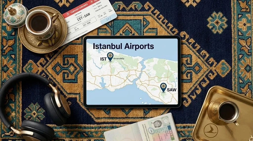 Overhead shot of a tablet showing an Istanbul Airports map with IST and SAW pins, beside a Turkish coffee cup and a boarding pass.