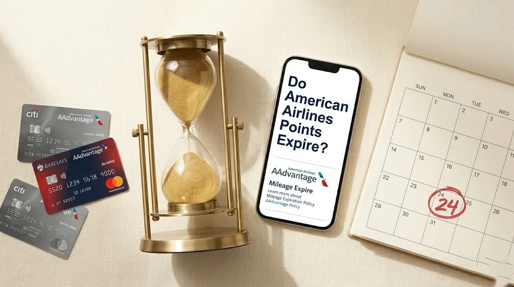 Overhead shot of an hourglass, AAdvantage credit cards, and a phone showing Do American Airlines Points Expire on a calendar background.