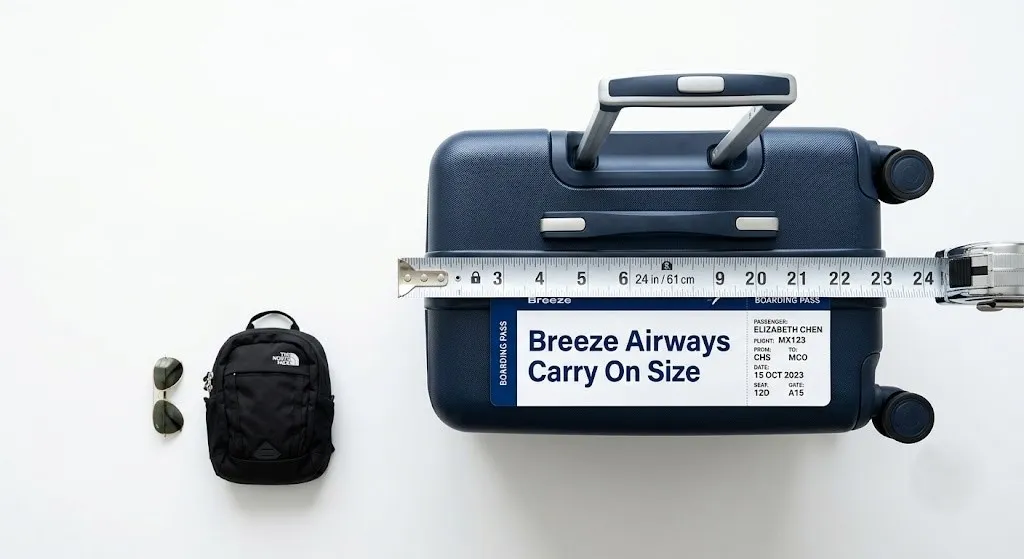 Overhead view of a carry-on suitcase measured with a tape at 24 inches next to a Breeze Airways boarding pass, illustrating the airline's carry on size rule.