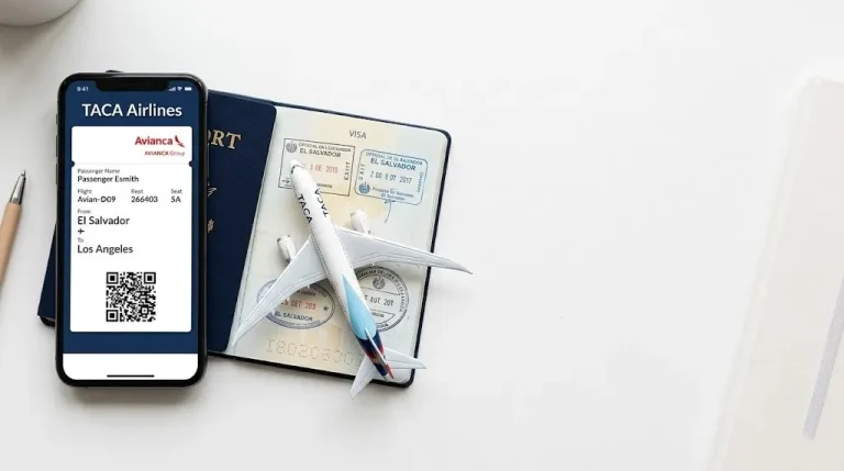 Overhead view of a phone showing a boarding pass with TACA Airlines text, next to a passport and a model Boeing 787-8.