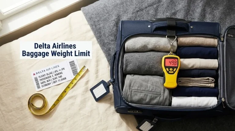 Overhead view of a suitcase on a scale reading 49.8 lbs beside a boarding pass titled Delta Airlines Baggage Weight Limit.