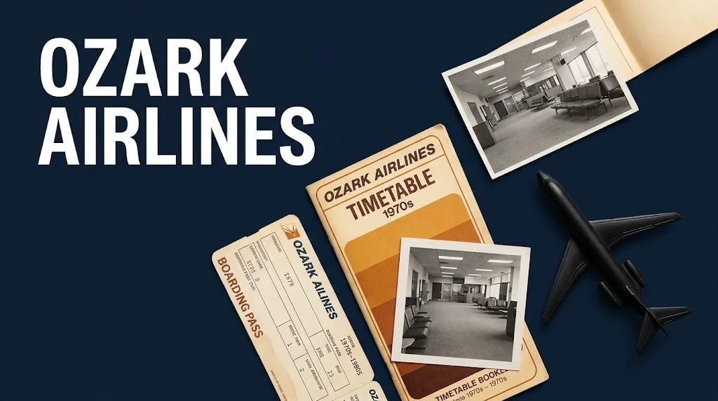 Ozark Airlines history editorial flat-lay with vintage timetable, boarding pass, and Douglas DC-9 model, deep navy background