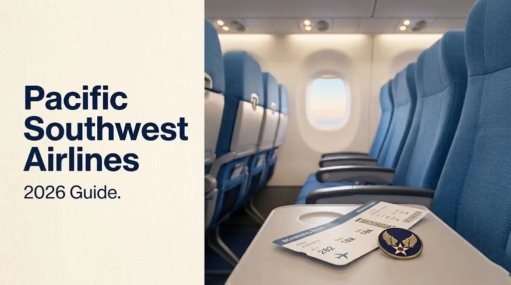 Pacific Southwest Airlines 2026 guide showing a regional jet cabin aisle and boarding pass