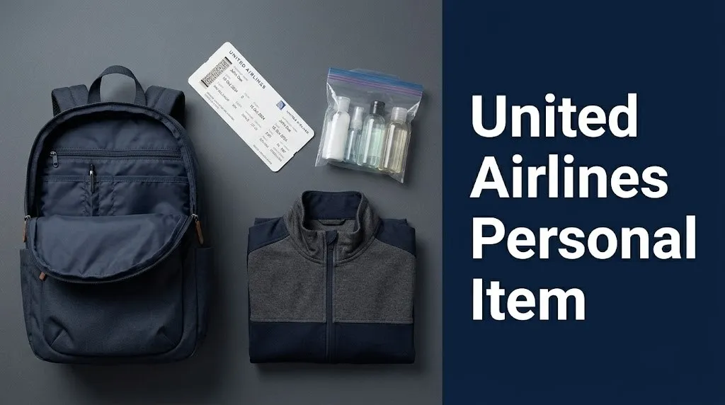 Packed travel backpack and boarding pass flat lay with bold text reading United Airlines Personal Item on navy background.