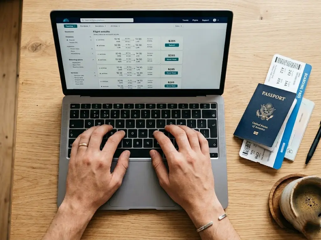 Person booking flights on laptop next to a passport and boarding pass on a wooden desk