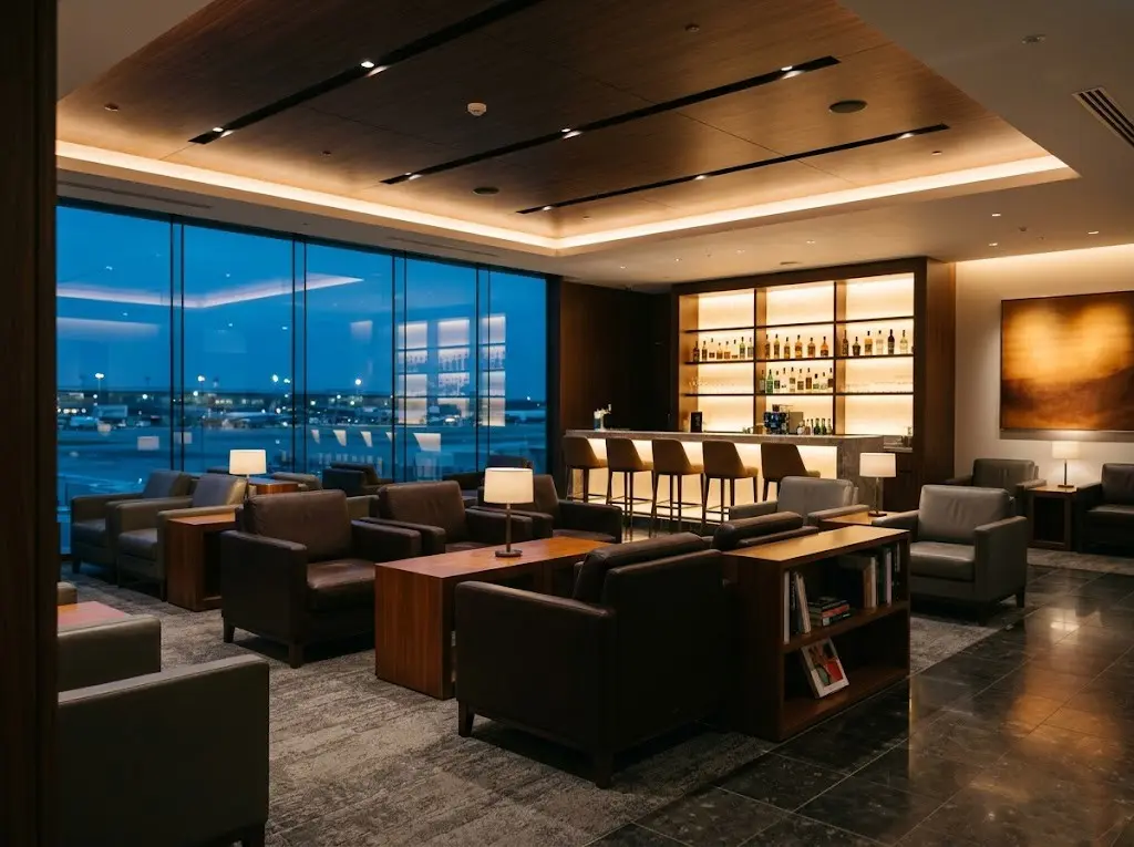 Premium airport business lounge with leather chairs, bar area, and modern interior design