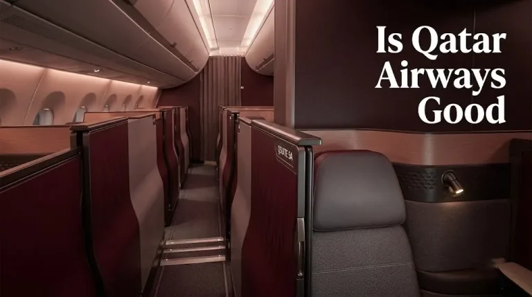 Qatar Airways Qsuite business class cabin interior with closed privacy door and burgundy leather seat for an is Qatar Airways good review article.