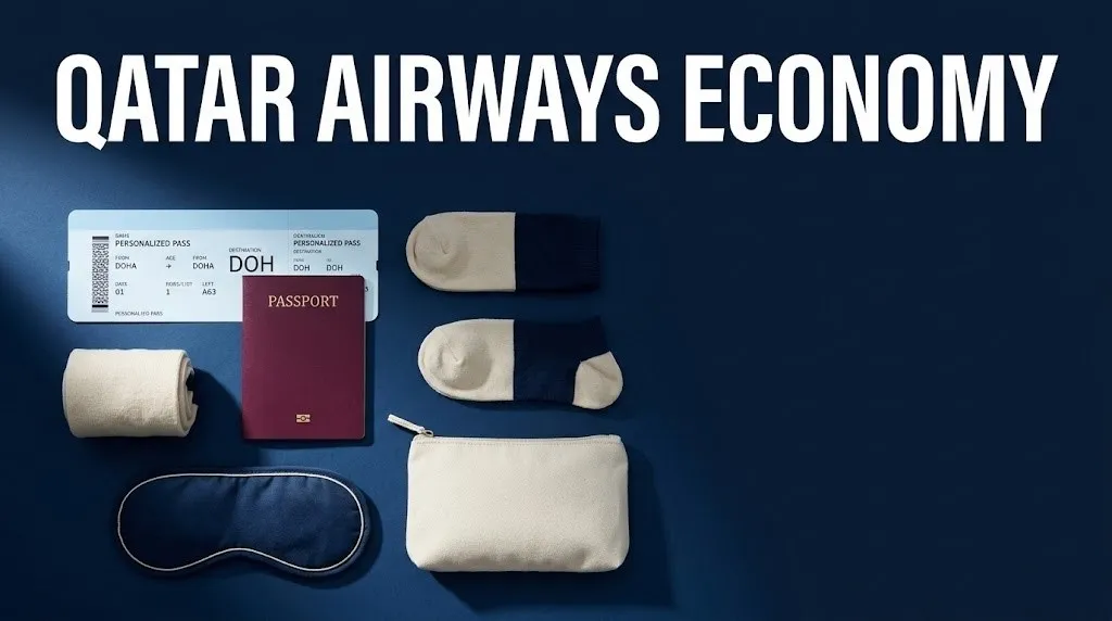 Qatar Airways economy class cabin review boarding pass and amenity kit flat lay, 2026 long-haul honest review (124 chars)