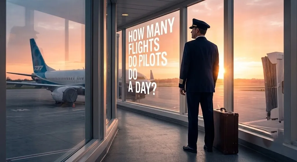 Silhouette of an airline pilot looking at a plane at sunrise, with the question How Many Flights Do Pilots Do a Day in the sky.