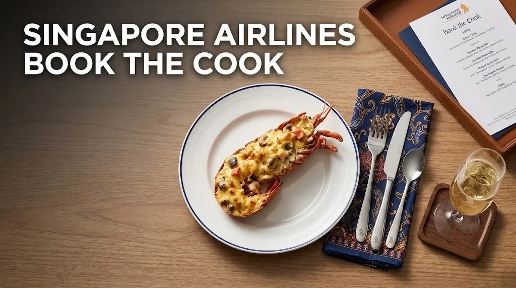 Singapore Airlines Book the Cook lobster thermidor dish on airline tableware with Champagne for Singapore Airlines Book the Cook dining guide.
