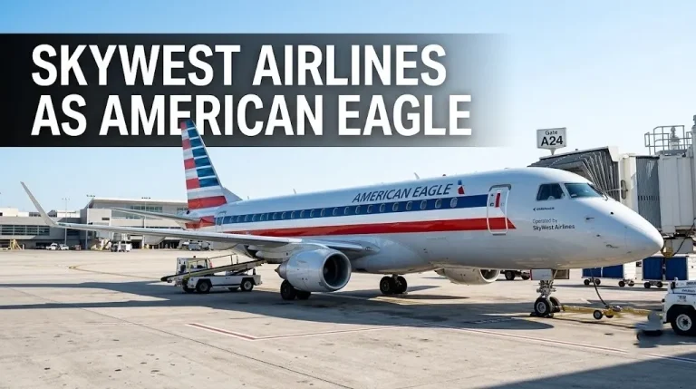 SkyWest Airlines Embraer 175 in American Eagle livery at airport gate with SkyWest Airlines as American Eagle headline for regional flight guide.