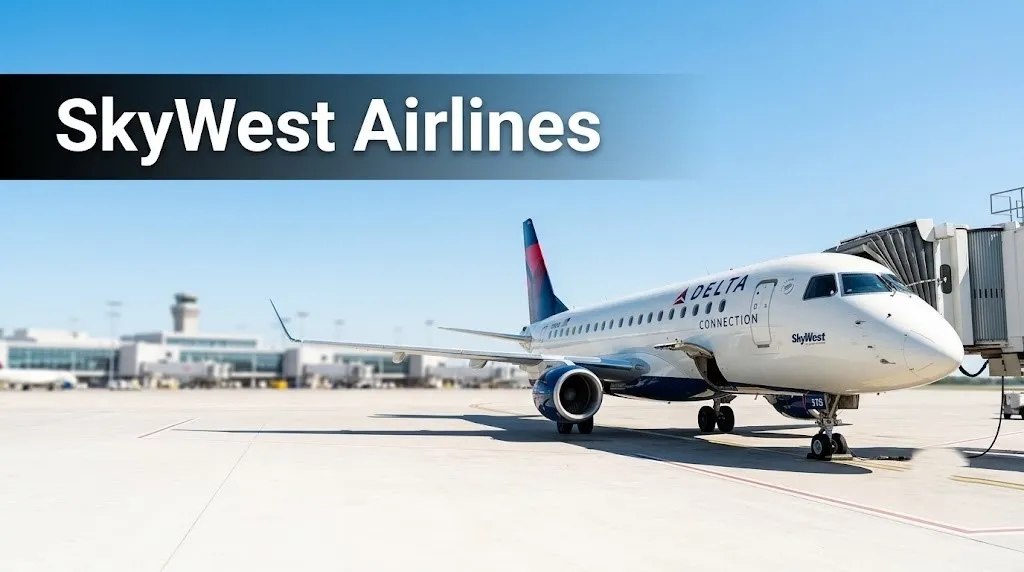SkyWest Airlines Embraer 175 regional jet in Delta Connection livery parked at airport gate with SkyWest Airlines headline for regional carrier guide.