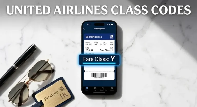 Smartphone displaying a United Airlines boarding pass with the Y fare class highlighted, illustrating the airline's class codes.