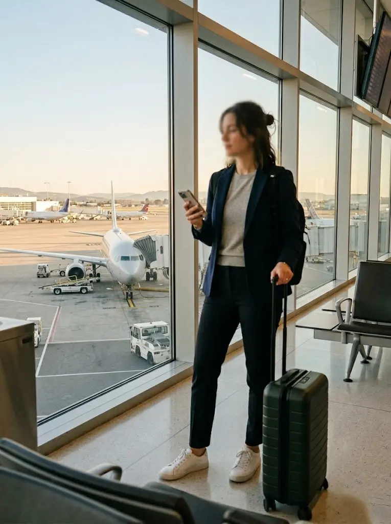 Solo traveler looking at phone at airport departure gate with windows and aircraft outside