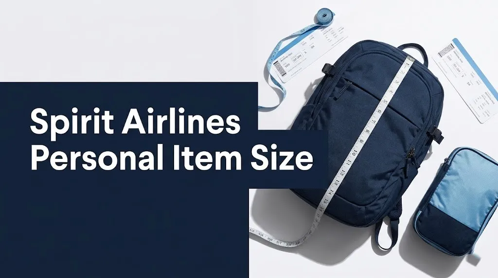 Spirit Airlines personal item size guide showing a measured backpack flat-lay with boarding pass, tape measure, and packing cube on navy background.
