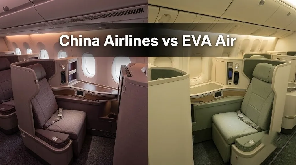 Split comparison of China Airlines A350 business class and EVA Air 777 Royal Laurel class cabins for a China Airlines vs EVA Air review article.