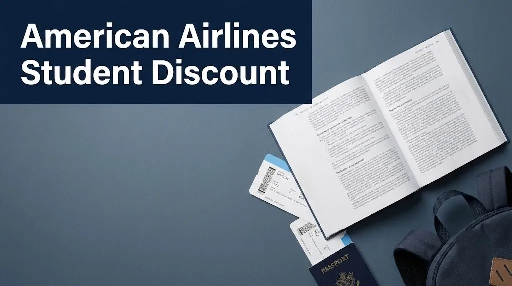 Student travel flat-lay with boarding pass and passport illustrating the American Airlines student discount topic, navy editorial style.