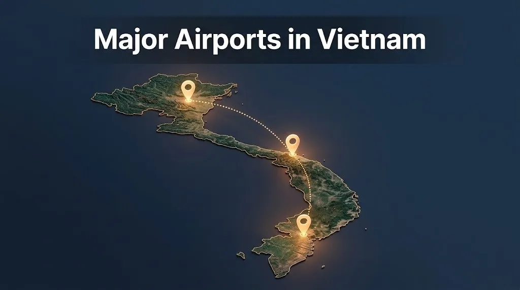 Stylized map of Vietnam showing three major airports at Hanoi Da Nang and Ho Chi Minh City with Major Airports in Vietnam