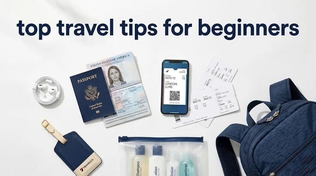 Top travel tips for beginners flat-lay with passport, boarding pass on phone, quart liquid bag, and carry-on backpack on white surface.