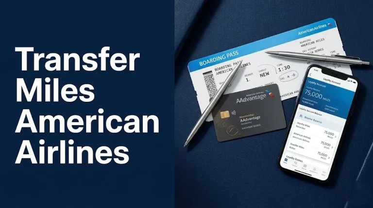 Transfer miles American Airlines boarding pass, AAdvantage card, and smartphone with loyalty balance displayed on navy background.