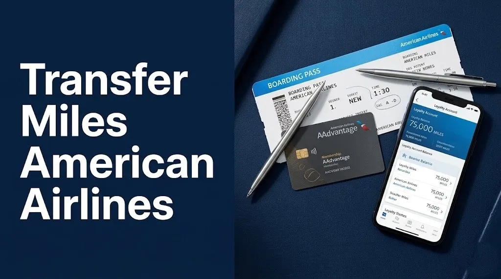 Transfer miles American Airlines boarding pass, AAdvantage card, and smartphone with loyalty balance displayed on navy background.