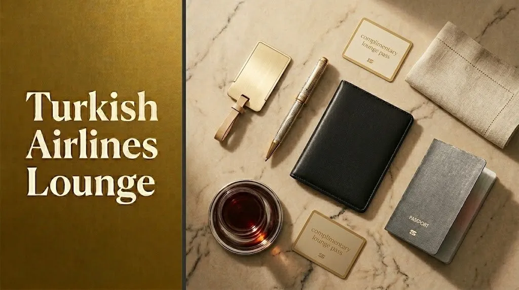 Turkish Airlines Lounge guide flat-lay with passport boarding pass and Turkish tea glass on marble surface