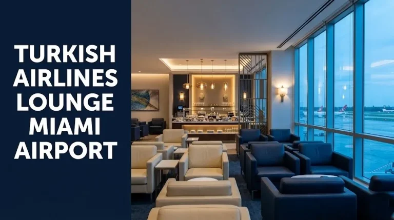 Turkish Airlines lounge Miami Airport interior preview with navy seating and runway window light at MIA Terminal J