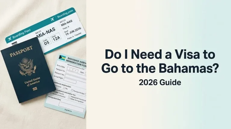 US passport, boarding pass, and immigration form flat-lay with text do i need a visa to go to the bahamas — 116 characters