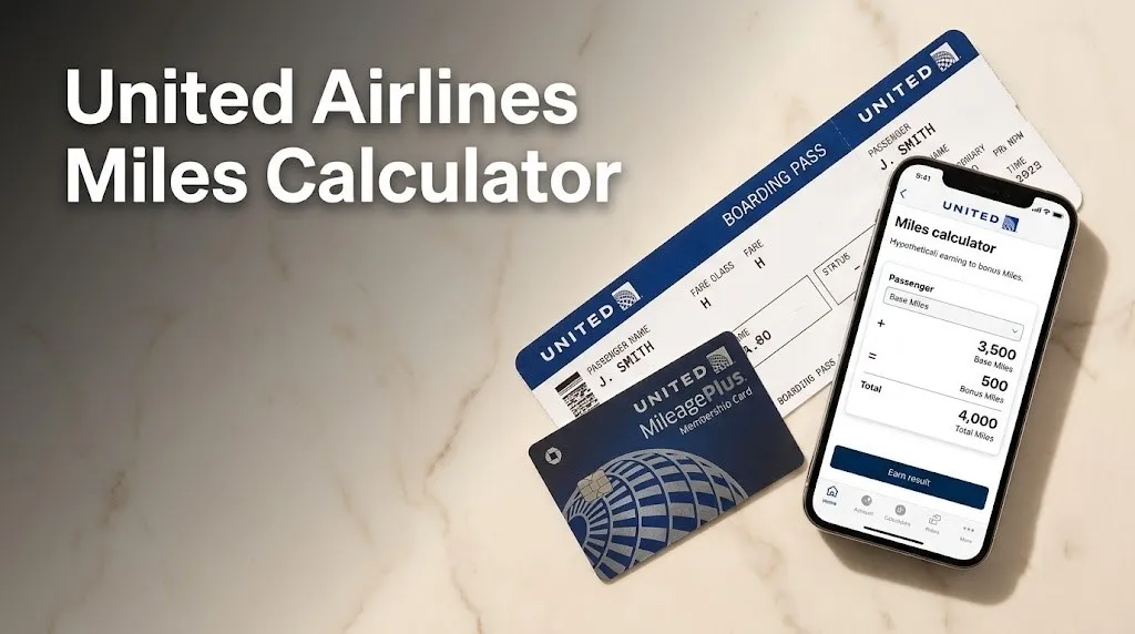 United Airlines boarding pass and MileagePlus card with smartphone showing miles calculator for United Airlines Miles Calculator earning guide.