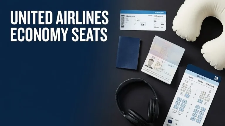 United Airlines economy seats guide 2026 showing boarding pass and travel accessories flat lay on navy background.