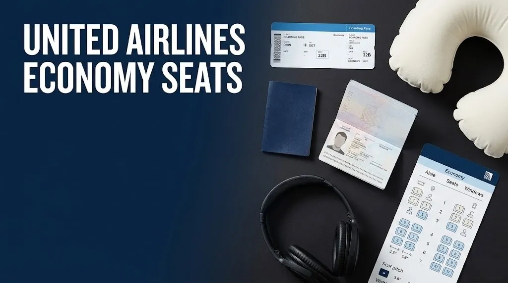 United Airlines economy seats guide 2026 showing boarding pass and travel accessories flat lay on navy background.